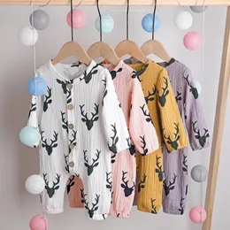 Ins Baby Boy Girl Clothes Romper Spring Fall Långärmad O-Neck Deer Print Soft Romper Kläder 100% Bomull Kid Girl Boy Rompers 0-2T