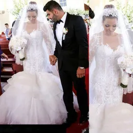 Charming Dubai Arabic Lace Organza Long Sleeve Mermaid Wedding Dresses Sheer Ruffles Bridal Gowns Plus Size Wedding Gowns