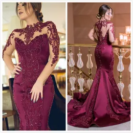 Aso Ebi 2019 Arabski Burgundy Luksusowe Sexy Suknie Wieczorowe Syrenka Koronki Zroszony Prom Dresses High Neck Formalna Party Druga Recepcja Suknie