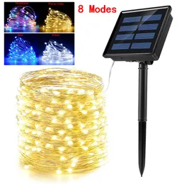 LED Solar Led String Lights 100/200 LED Outdoor Wodoodporne Wairy Light 8 Tryby Miedź Drut świąteczny Party Garland Garden Decoration Oświetlenie