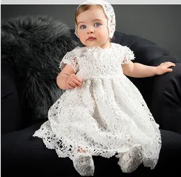 INS Baby girls party dresses kids lace hollow crochet embroidery dress 1 Years baby birthday Ball Gown toddlers baptism dress with hats A01555