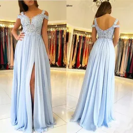 Sky Blue Bridesmaid Dresses Side Split 2022 Off The Shoulder Lace Appliques Chiffon Wedding Guest Dresses Maid Of Honor Gowns