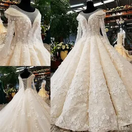 Amazing Vintage Bröllopsklänningar Sheer Neck Långärmad 3D Appliques Bridal Dress Lace Up Back Lace Tulle Bröllopsklänning Anpassad
