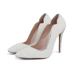 Summer White Pearl Pointy Toe Wedding Banquet Party Shoes 4 Inches Thin Heel Bride Shoes Women Fashion Party Prom Pumps