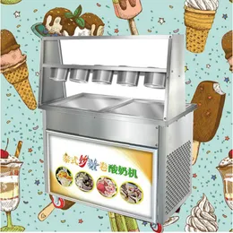 Macchina per il ghiaccio fritto commerciale 220V disco da tavolo macchina per gelato fritto macchina per gelato in acciaio inossidabile rotolo di yogurt due pentole e cinque ciotole