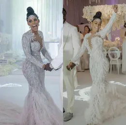 2020 Luxury Arabic Mermaid Wedding Dresses Jewek Neck Beading Sequins Trumpet Wedding Dress Long Sleeve Feather Vestidos De Novia 228w