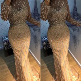 2020 العربية Aso Ebi Gold Gold Luxurious Mermaid Evening Crystals Beded Dressals Dresses Cheer Neck Party Party Second Donsept