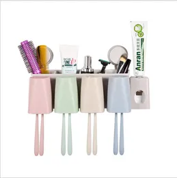 Set di portaspazzolini in paglia di grano, distributore automatico di dentifricio a parete Tazze per gargarismi antipolvere Multi-reticolo con adesivo per bagno