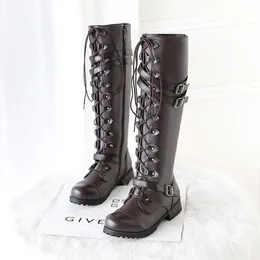 Fashion Designer Knee Boots Round Toe Antiskid Lace Up Shoes Women Square Low Chunky Heels With Buckles Solid Knight Booties