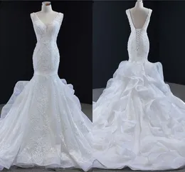 Luksusowe Koronki Koronki Mermaid Suknie Ślubne 2020 Wzburzyć V-Neck Cap Rękaw OPEN Back Lace-Up Court Train Bridal Wedding Reception Dress