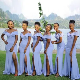Özel Yapım Basit Uzun Afrika Nedime Elbiseleri Kapalı Omuz Denizkızı Tarzı Ön bölünmüş Düğün Elbiseleri Yeni Hizmetçi Onur Elbise