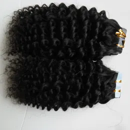 Tape In Remy Human Hair mongolian kinky curly 10"-26" Double Sided Natural Human Hair PU Hair Extensions 40Piece