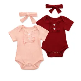 Barnkläder Tjejer Artikel Pit Kläder Ställer Baby Solid Bomull Rompers + Headbands 2pcs / Set Passar Solid Jumpsuit Outfits M2169