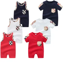 Estate bambino bambini neonato ragazzo abiti firmati ragazzi ragazze plaid O-collo manica corta senza maniche tute pagliaccetto di cotone abbigliamento WD95086