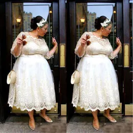 Koronki Plus Rozmiar Krótkie Prom Dresses Herbata Długość Linia Suknie Wieczorowe Illusion Długie Rękawy Kobiety Vestidos Custom Made SD3353