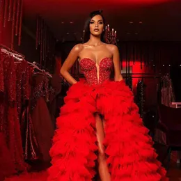 Luxurious Red Tiered Tulle Prom Gowns Beaded Crystals Ball Gown Evening Dresses Sweetheart 2020 Formal Party Vestidos de robe