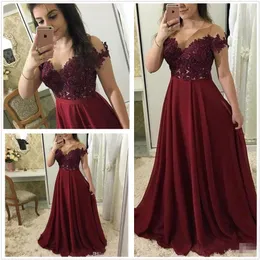 Bury Prom 2020 Dresses Chiffon Off Shoulder Capped Sleeves Sheer Neck Lace Applique Beaded Floor Length Evening Party Gown
