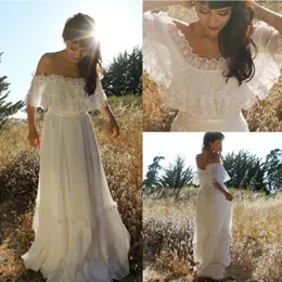 2019 Country Bohemian Wedding Dresses Sexy Off Shoulder Backless Chiffon Bridal Gowns Boho Vintage Sweep Train A Line Wedding Dress