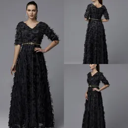 2020 Modest elegante V Neck meia manga A Linha Vestidos Feather Cristal Sash formais vestidos até o chão festa Vestidos