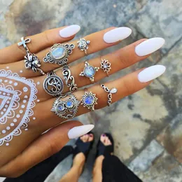 2019 Bohemian Antique Silver Midi Finger Rings set For Women crystal diamond Turtle Cross Lotus Knuckle Rings Fashion Jewelry in Bulk