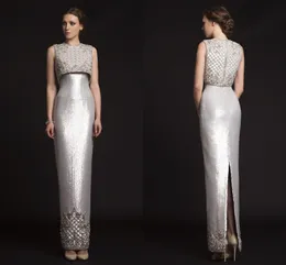 2019 New Luxury Krikor Jabotian Evening Dresses Sequins Beading Satin Sheath Custom Made Silver Prom Dresses Split Back Formal Gowns 543