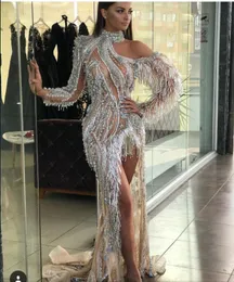 African Yousef Aljasmi Mermaid Evening High Neck Beaded Tassel Prom Dresses Sweep Train Sexy Long Sleeve Formal Party Gowns