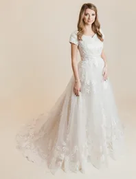New Arrival A-line Modest Wedding Dresses Cap Sleeves Sweetheart Lace Appliques Tulle Country Western Formal LDS Bridal Gowns Sleeved
