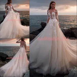 Impressionante Sheer Blush Rosa 2019 Vestidos De Casamento Com Manga Comprida Lace Vestidos De Noiva Ilusão A Linha Africano robe de mariée Vestido De Noiva bola