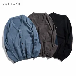 U& Patch Design V-Neck Cardigan Casual Sweater Men Soft Comfortable Spring Basic Color Leisure Sweater Knitted Coat Male