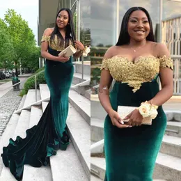 Veet Dark Green Prom Dresses Mermaid Elegant Off The Shoulder Gold Lace Applique Beaded Sweep Train Plus Size Formal Evening Gown 0505