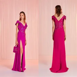 Sexy High-Split-Partykleider in A-Linie mit roten Pailletten, Abendkleid mit V-Ausschnitt, applizierte Spitze, gerüschtes Satin, Sweep-Zug, Partykleid nach Maß