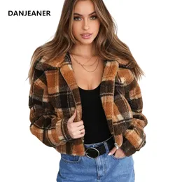 Danjeaner осень зима европейский стиль кашемировой клетки пальто женщин плюс размер ветровка застежки молнии куртки густой теплой верхней одежды