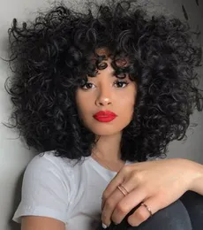 Nya Kvinnor Frisyr Brasilianskt Hår Afrikansk Ameri Axel Längd Kinky Curly Wigs Simulering Human Hair Natural Loose Wave Wig med Bangs