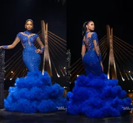 2019 Royal Blue Lace Appliqued Mermaid Prom Dresses Luxury High Neck Long Sleeves Evening Gown African Formal Party Pageant Dress