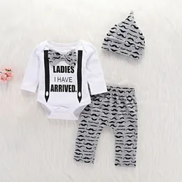 Pudcoco Autumn Newborn Baby Boy Clothes Bowknot Funny Moustache Print Long Sleeve Romper Tops Long Pants Hat 3Pcs Outfits Set