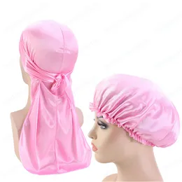 Nowy 2 sztuk Zestawy Unisex Silky Durag and Bonnet Kobiety Męska głowa Wrap Wygodne Day Night Sleep Hat Hat Doo du Rag Długi Tail du-Rag