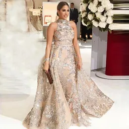 2020 Sexiga Silver Sequins Bling Mermaid Prom Klänningar High Neck Sequined Lace Long Sweep Overkirt Avtagbar Train Party Evening Gowns Wear