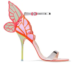 Gratis frakt 2024 Ny stil damer patent läder sexig hög häl 3d fjäril tryck sophia webster öppen tå sandaler färgglada skor 34-42