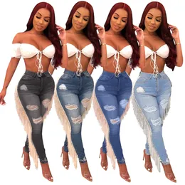 Kobiety Ripped Hole Tassels Jeans Bodycon Wysoka talia Myte Lato Jesień Spodnie Slim Skinny Stretch Dżinsowe Spodnie Spodnie Ljja3039