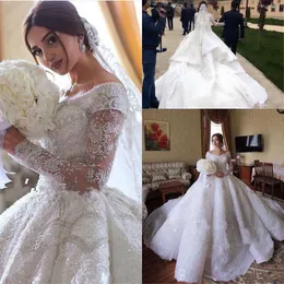 Sparkly Crystal Beaded Ball Gown Wedding Dresses Luxury Off Shoulder Appliqued Plus Size Saudi Arabic Dubai Bridal Gown vestidos de novia