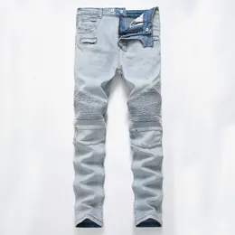 Leichte Herrenjeans mit Rissen und Bügelfalten, lange, schmale Designer-Hose mit Löchern, mittelhoher Bund, gerade, Größe 28–40, hochwertig, solide