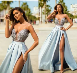 2019 Sky Blue Beaded Split Prom Dresses Spaghetti Lace Appliqued A Line Sweep Train Evening Dresses Party Wear Arabic Cocktail Gowns