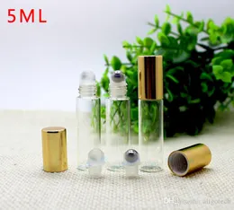 Wholesale 1100pcs 5ml Clear Roll On Roller Bottle for Glass Essential Oils Roll-On Refillable Perfume Bottle WITH Gold Cap Free DHL Shipping