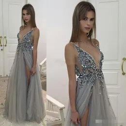 Sexy Plunging 2019 Prom Dresses High Split Tulle Beaded Crystal A Line Backless Formal Ocn Wea Evening Party Gowns