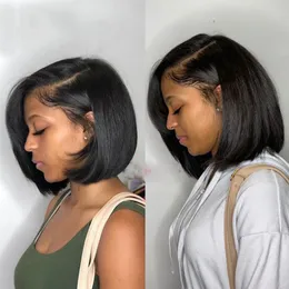 Curto Yaki Straight Bob Peruca Frente Renda Perucas de Cabelo Humano Cabelo Brasileiro Renda Peruca Pré Depenado Cor Preta para Mulheres