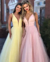Custom Made Yellow Prom Dresses Bling Tulle Empire Waist Deep V-neck Beaded Pageant Dress Special Occasion For Women Party Formal Gowns