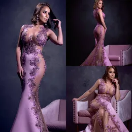 Sexy Mermaid Evening Dresses Illusion Jewel Neck Sweep Train Lace Bead Prom Dress Custom Made Sleeveless Appliqued Sexy Formal Gowns