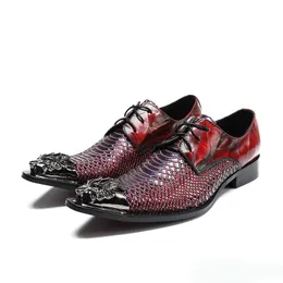 Homens Dress Red Shoes Moda Pointed Toe Python Cobra Padrão lazer Sapatos de couro Lace Up metal Toe 38-46