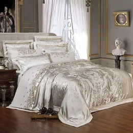 Sliver Gold Luxury Silk Satin Jacquard copripiumino set biancheria da letto matrimoniale king size Ricamo set lenzuolo / lenzuolo con angoli T200110
