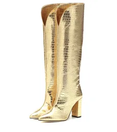 Кожаная овчарка Бесплатная квадратная доставка на высокие каблуки обувь Knight Boots Gultge Toes Patterne Каменные длинные коленные ботинки Размер 34-43 подиум 5 цветов 90841